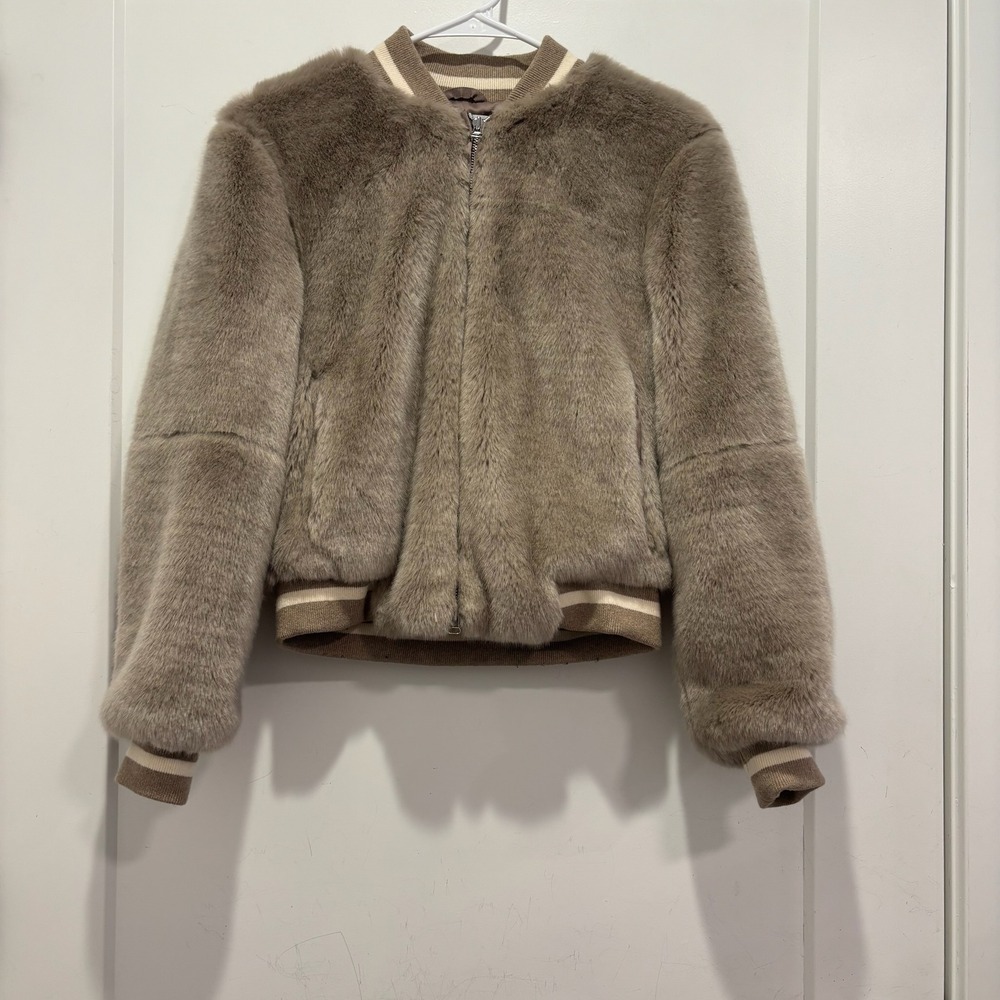 Elizabeth and James‎ Faux Fur Bomber Jacket Taupe Brown XS Wool Cashmere Trim